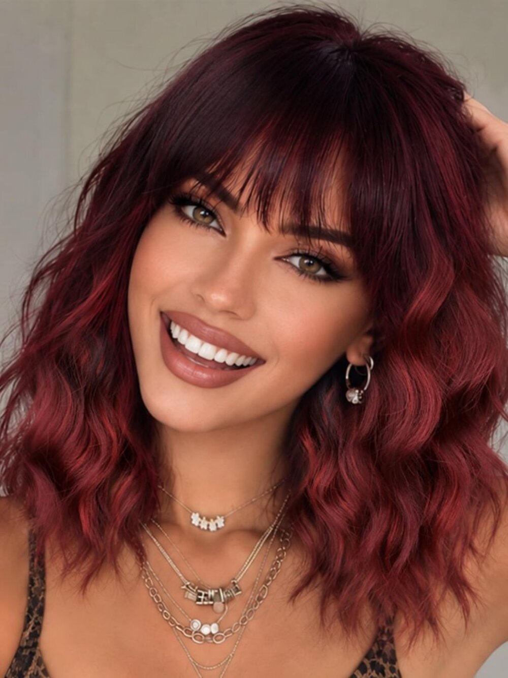 Women's Ombre Dark Red Short Shoulder Curly with Bangs 16 Inch Synthetic Wig